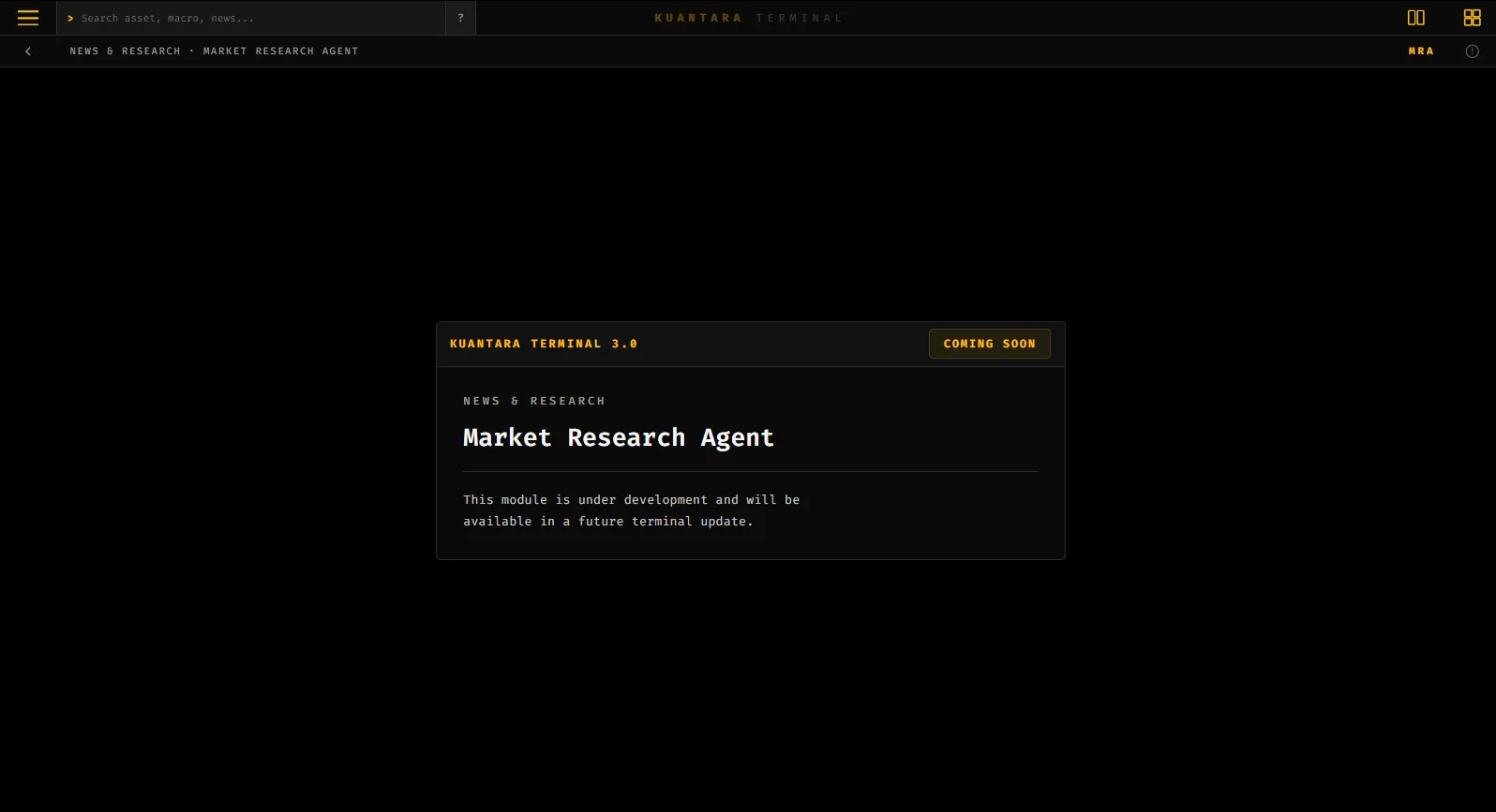 Tampilan fitur Market Research Agent di Kuantara Terminal