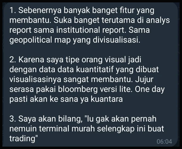 Cuplikan testimoni pengguna Kuantara Terminal